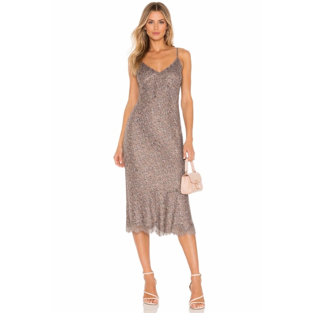 Gold Hawk Chloe Silk Slip Dress Taupe Stained Glass Print Lace Hem Sz Small